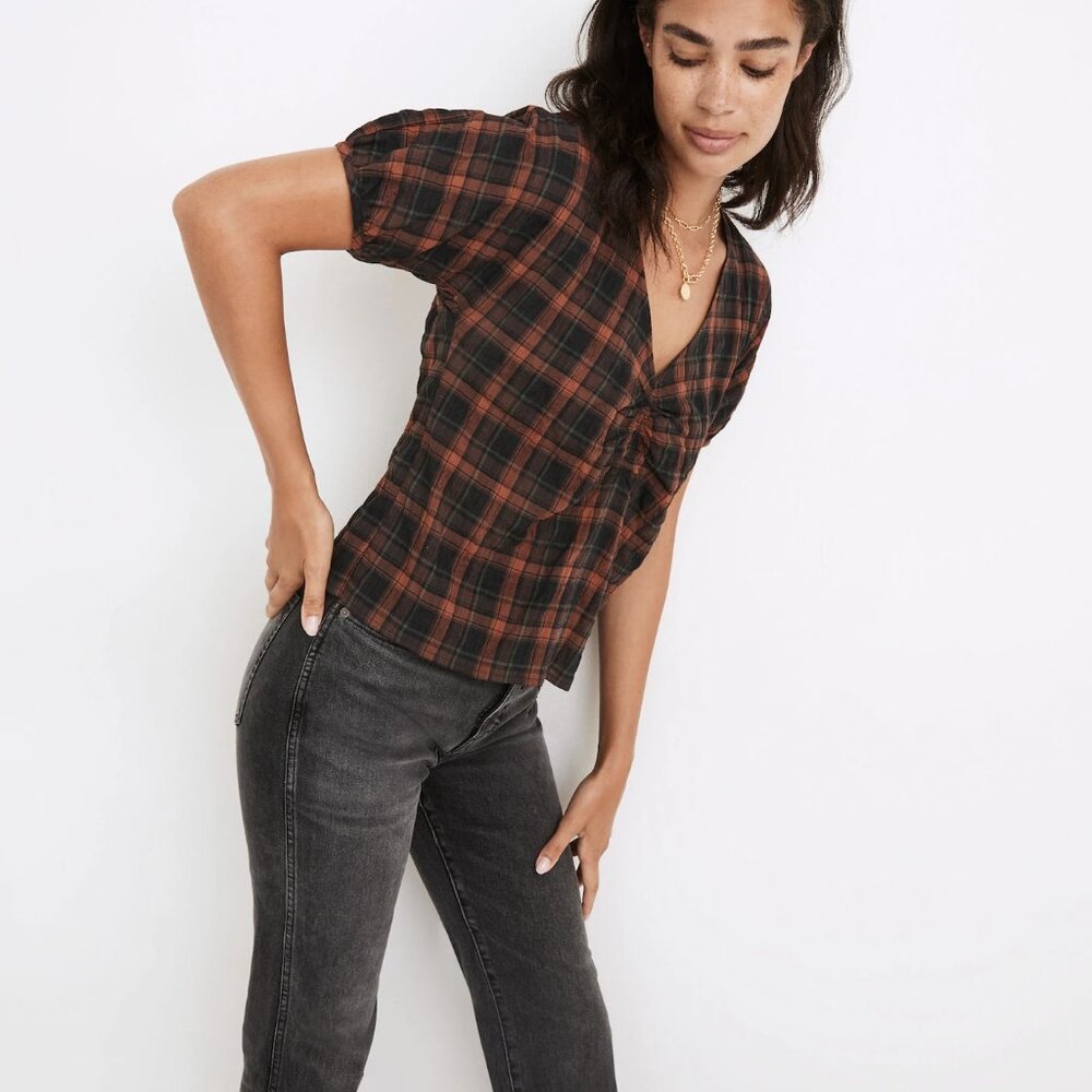 Gathered V-Neck Top in Plaid